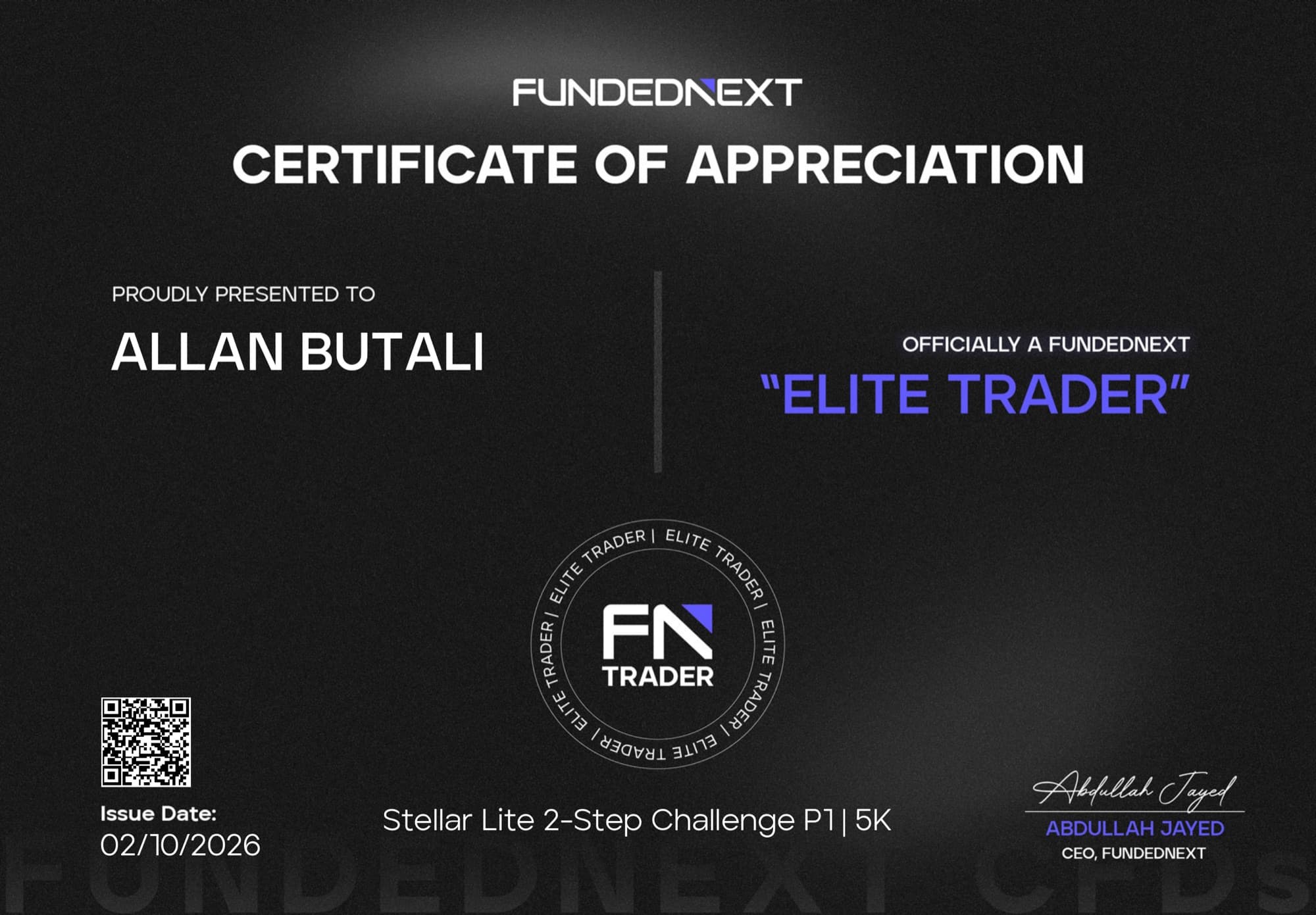 FundedNext Certificate of Appreciation presented to Allan Butali, Elite Trader, Stellar Lite 2-Step Challenge P1 5K, issued 02/10/2026
